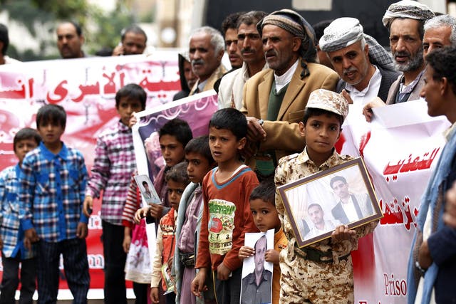Yemeni protesters shout slogans calling for the release of prisoners during a demonstration in Sanaa 