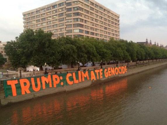 A 100m banner on the embankment opposite the Houses of Parliament, next to St Thomas’ Hospital, dropped by protesters during Donald Trump’s UK visit