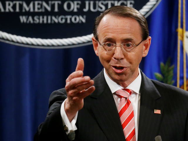 Deputy US Attorney General Rod Rosenstein announces the grand jury indictments of 12 Russian intelligence officers