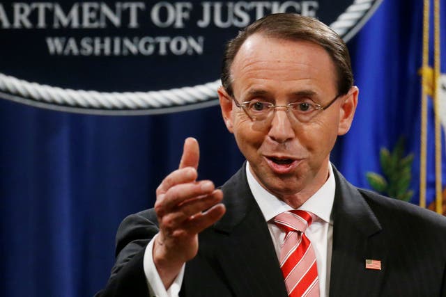 Deputy US Attorney General Rod Rosenstein announces the grand jury indictments of 12 Russian intelligence officers