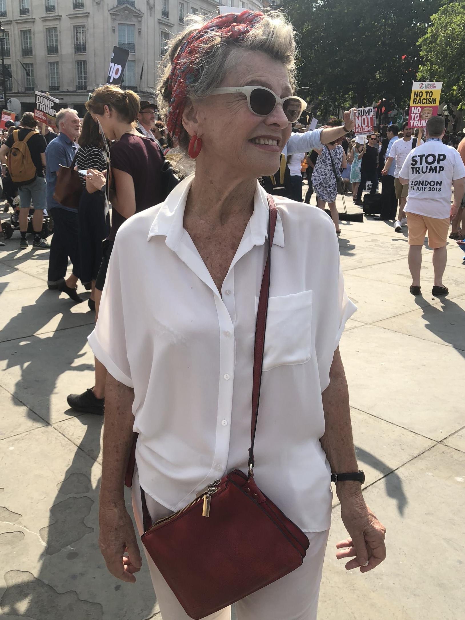 BAFTA-winning actor, Julie Cristie watches the rally at Trafalgar Square