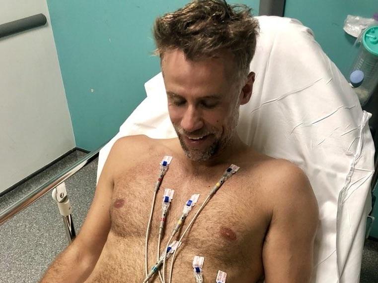 Richard Bacon pictured in hospital on 5 July 2018