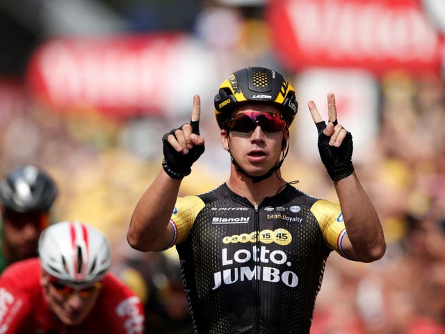 Dylan Groenewegen celebrates his second stage win of the Tour