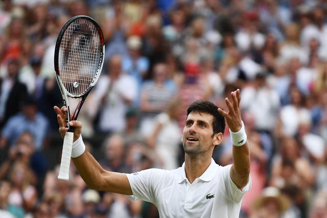 Novak Djokovic celebrates beating Rafael Nadal to reach the Wimbledon final