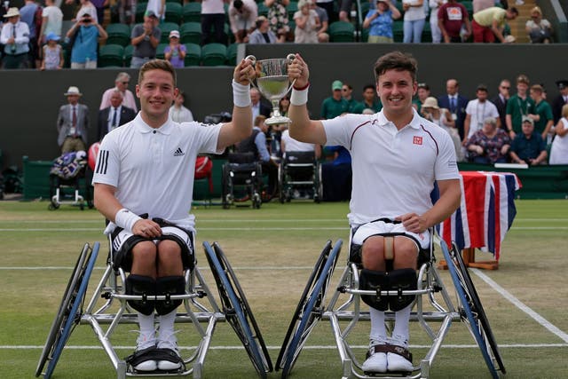 Alfie Hewett (left) and Gordon Reid (right)celebrate winning the men's doubles wheelchair final