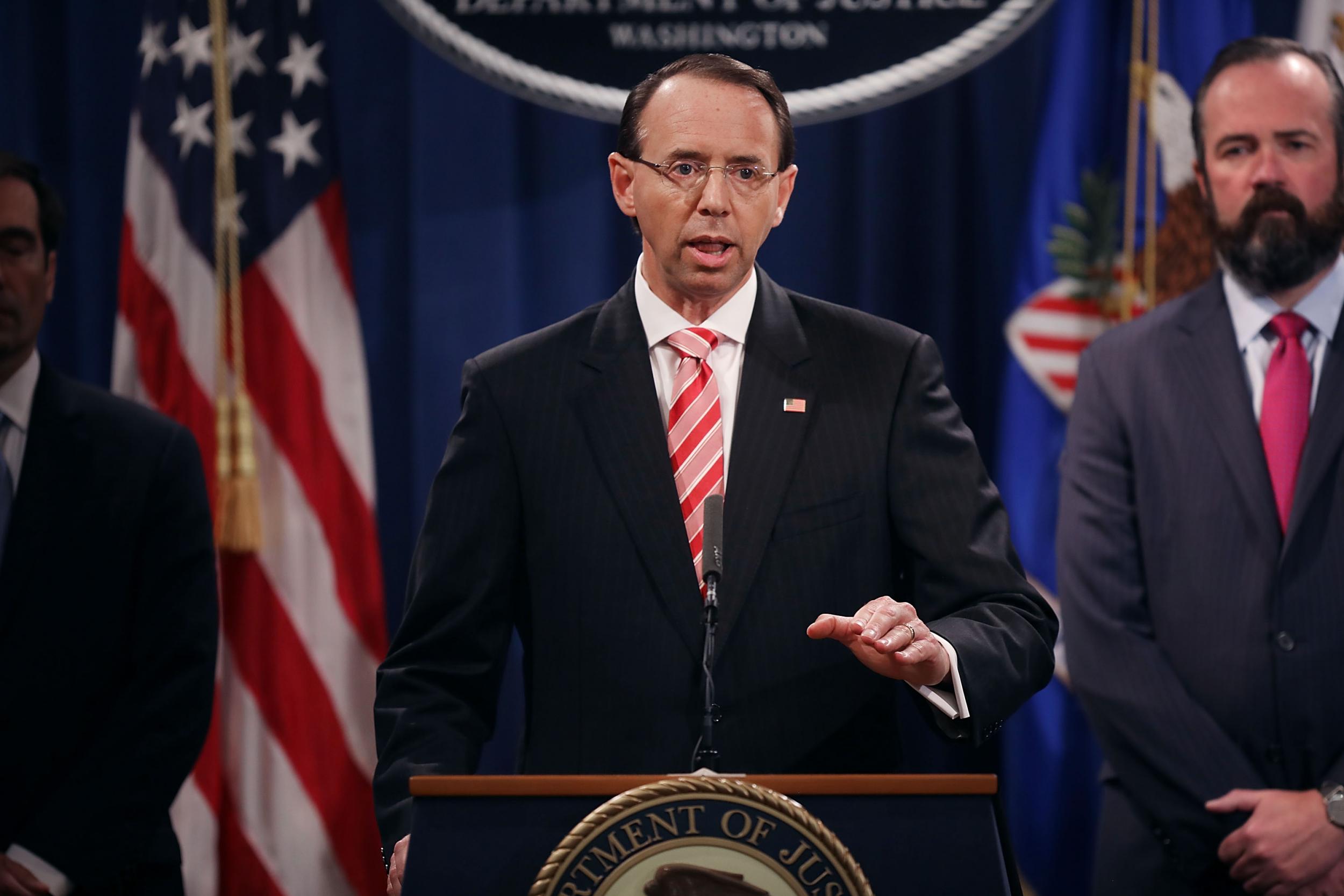 Deputy Attorney General Rod Rosenstein holds a news conference at the Department of Justice