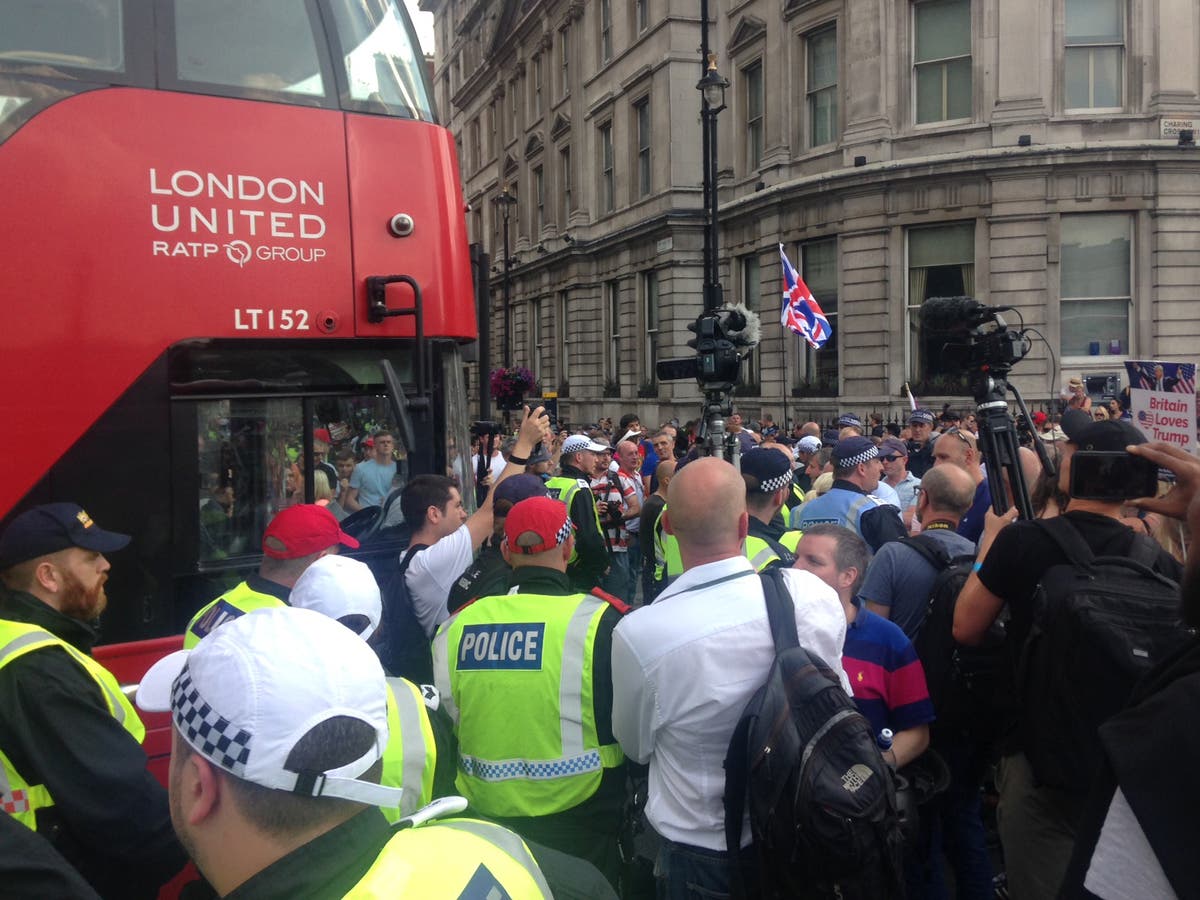 Tommy Robinson march: Protesters blockade bus driven by woman in headscarf