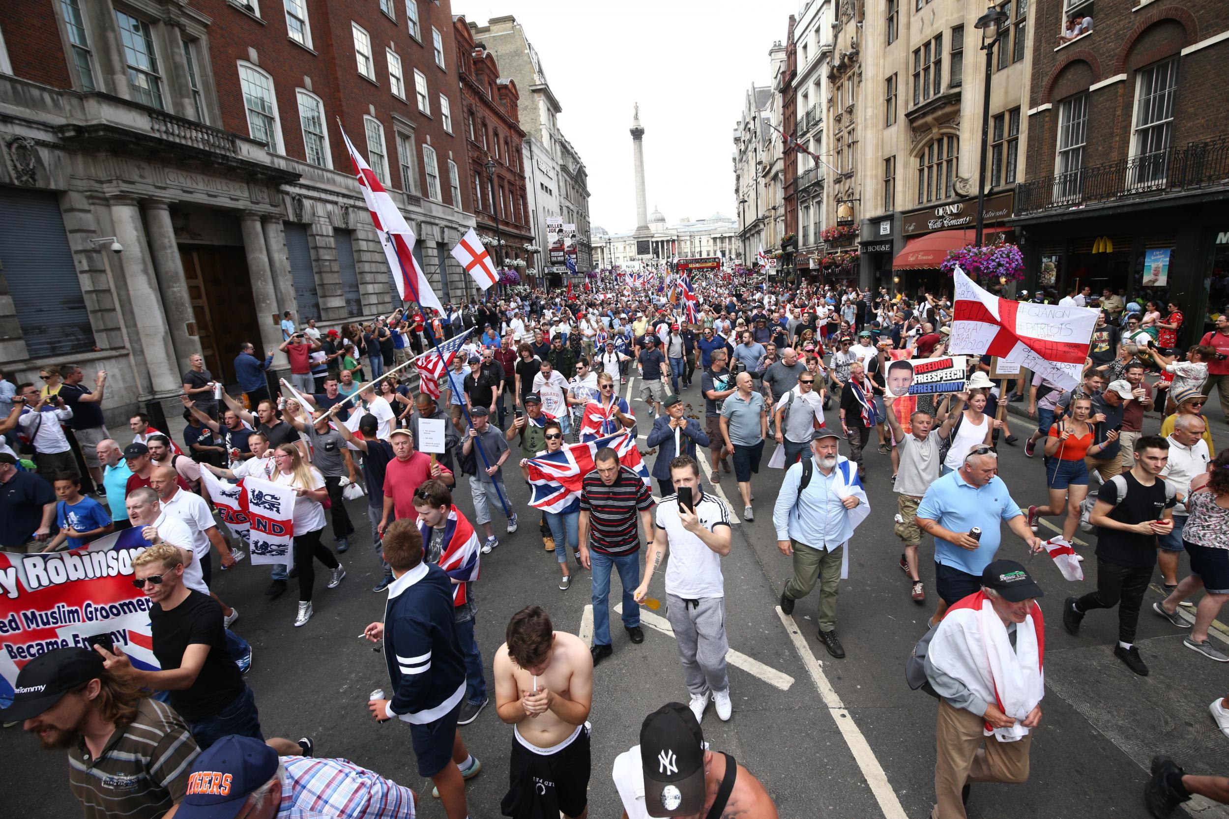 Free Tommy Robinson supporters and Pro-Trump supporters come together on Whitehall, London