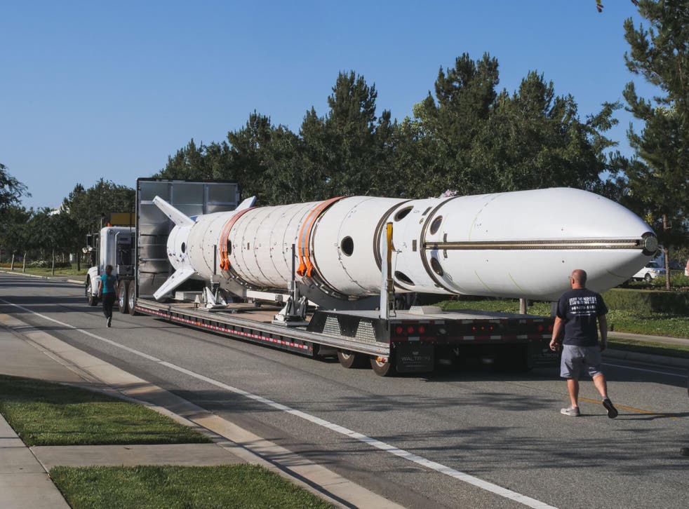 A completed LauncherOne rocket, shown here outside Virgin Orbit’s manufacturing facility in Long Beach, California, USA