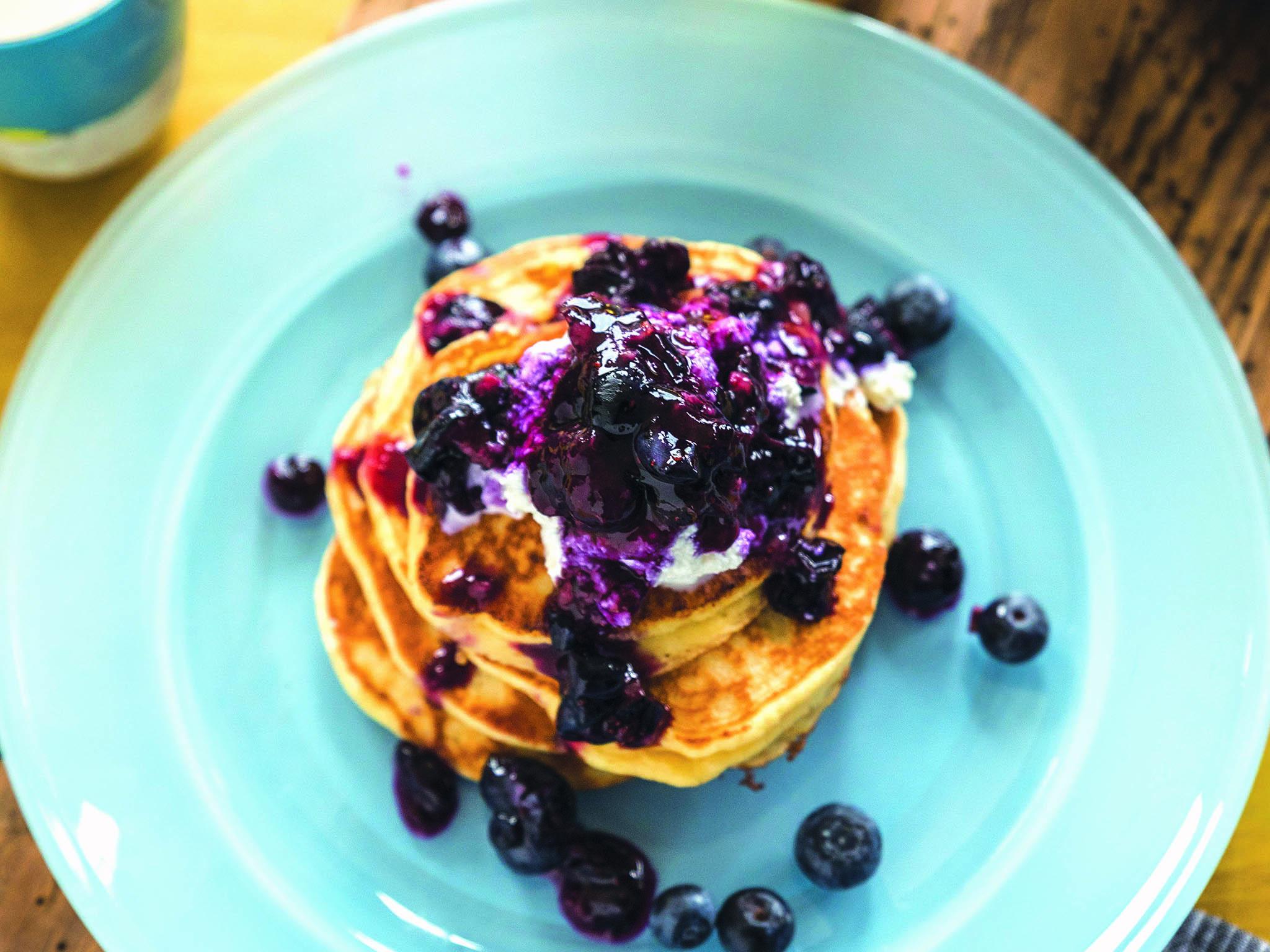 There is no better way to start the day than with fluffy pancakes and fresh blueberry compote