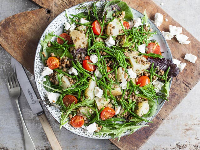 Samphire adds a salty ocean kick to earthy potatoes and lentils in this salad