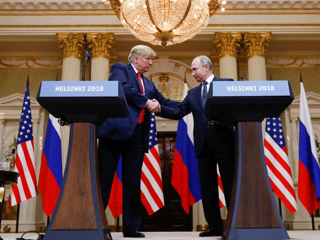 <p>Trump and Putin at the Helsinki summit on 16 July 2018</p>