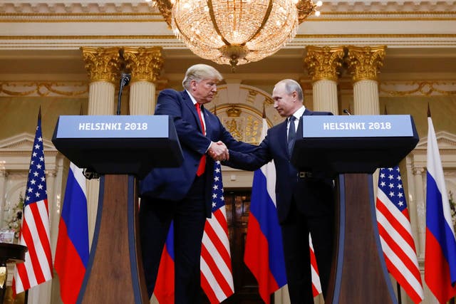 <p>Trump and Putin at the Helsinki summit on 16 July 2018</p>