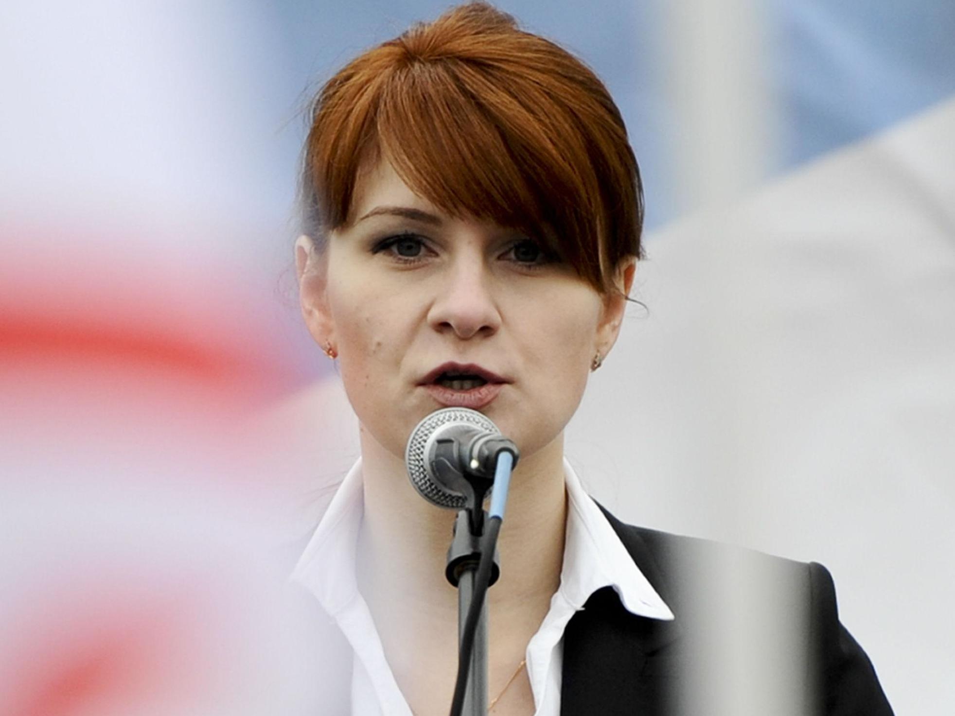 Maria Butina speaks to a crowd during a rally in support of legalising the possession of handguns in Moscow in 2013