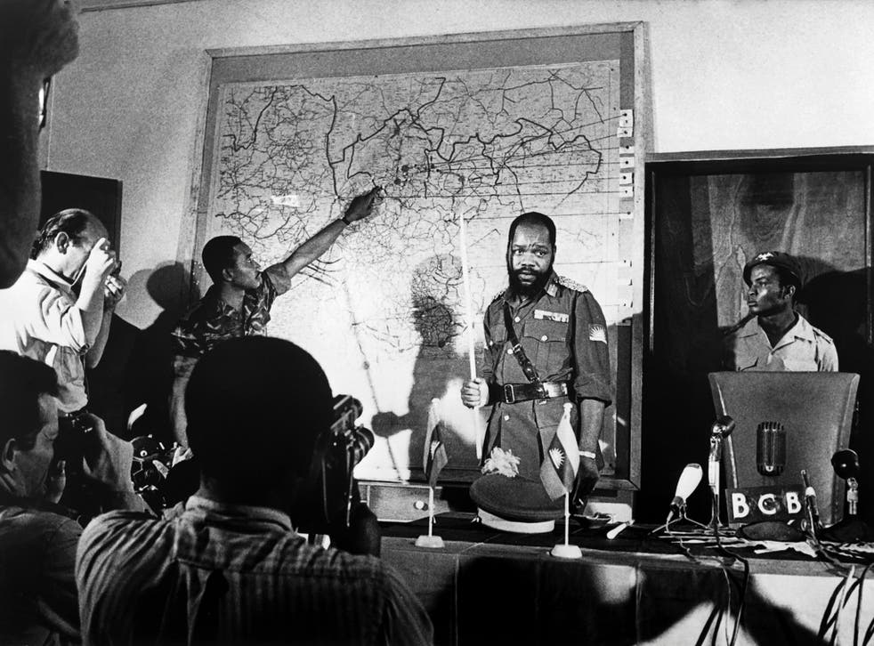 Colonel Odumegwu Emeka Ojukwu, leader of the breakaway Republic of Biafra, gives a press conference during the war 
