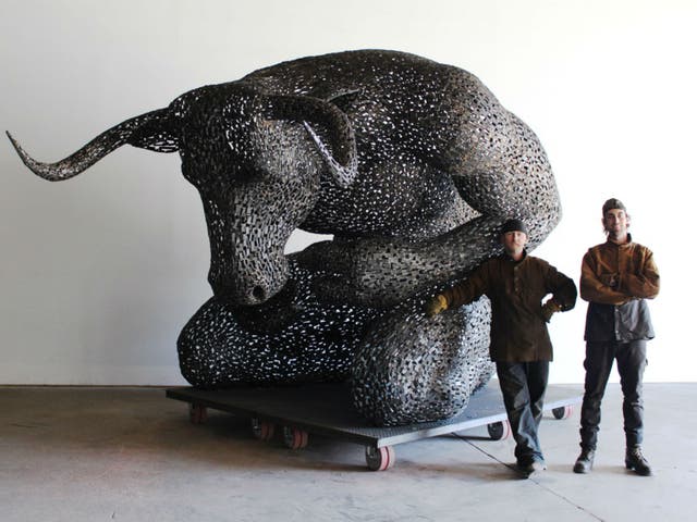 Artist Andy Scott with his assistant Rob and Minotaur