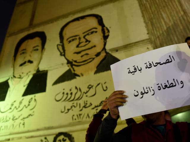 A journalist protesting against a crackdown on the free media in Egypt, which ranked 161 out of 180 countries in the 2017 Press Freedom Index
