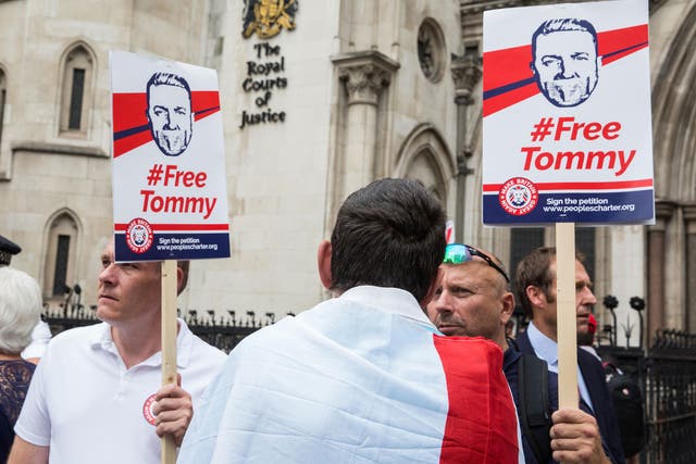 Free Tommy protesters outside the Court of Appeal during a hearing on Tommy Robinson's 13-month prison sentence on 18 July