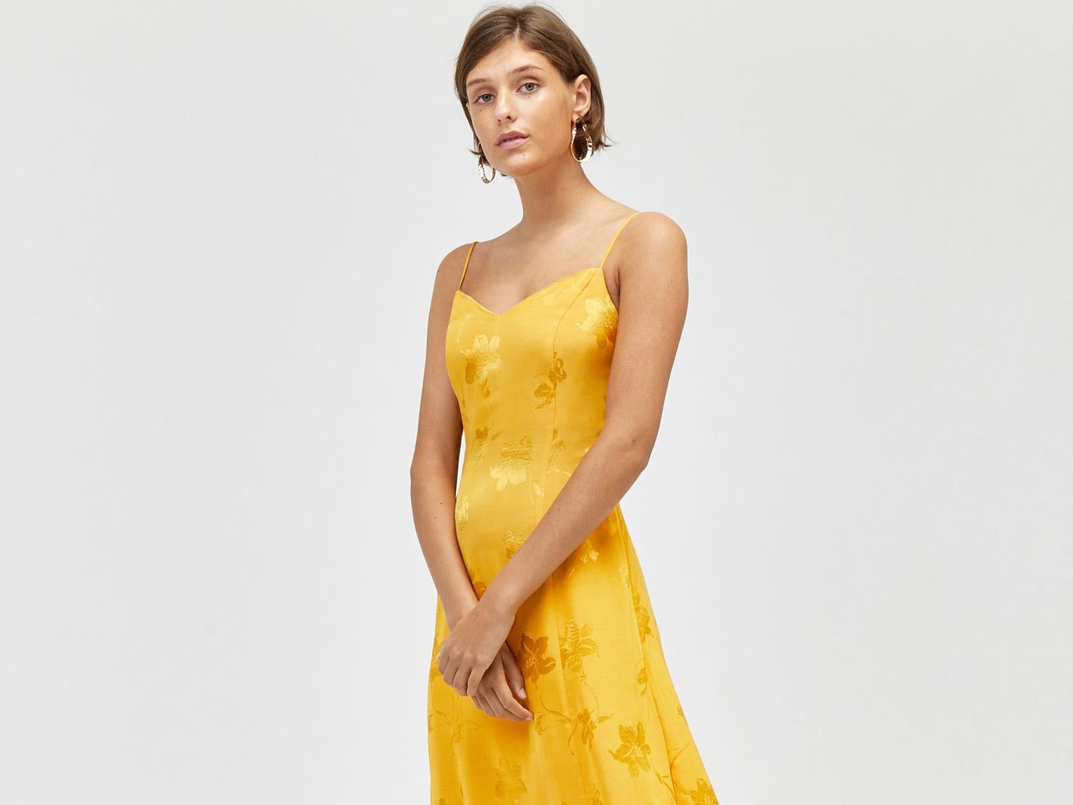 warehouse strappy midi dress in yellow jacquard