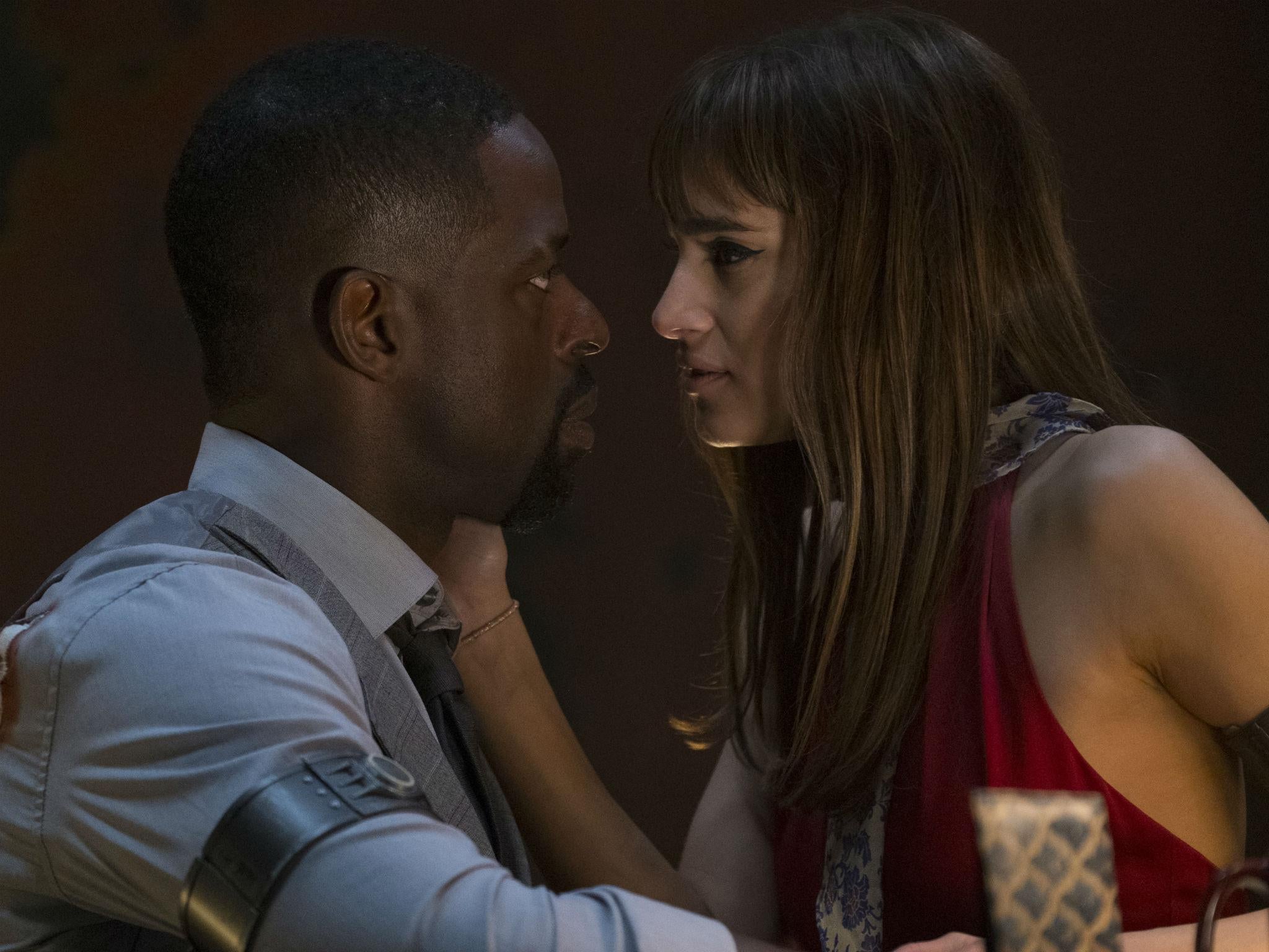 Waikiki (Sterling K Brown) gets up close and personal with glamorous assassin Nice (Sofia Boutella)