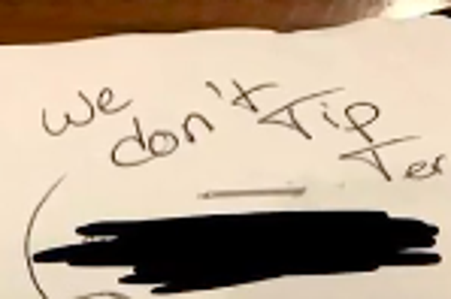 Khalil Cavil posted a receipt left on a table with "we don't tip terrorism" written on it.
