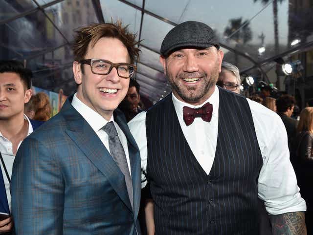 Director James Gunn (L) and actor Dave Bautista at the premiere of Guardians Of The Galaxy Vol. 2