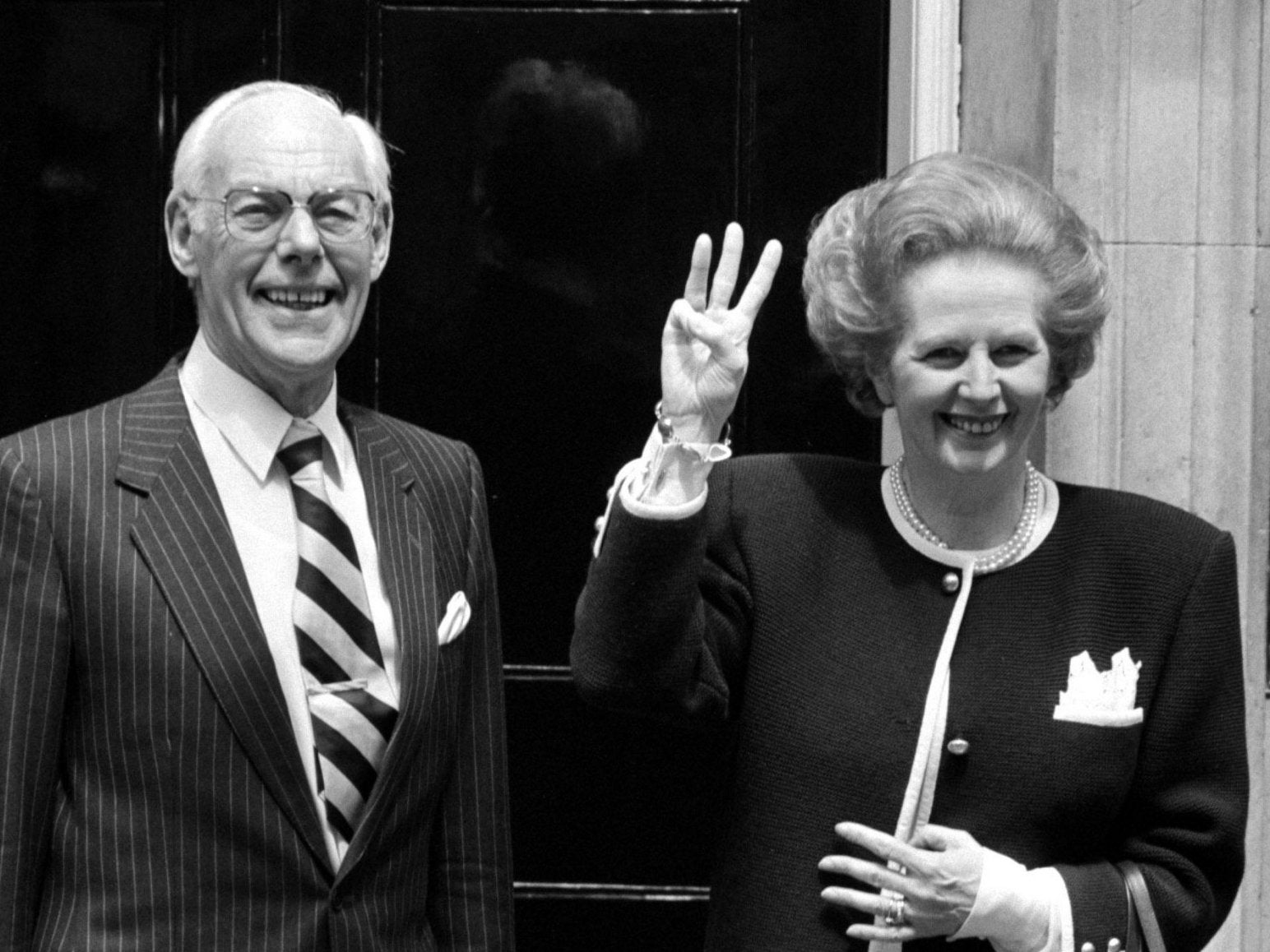 Margaret Thatcher and husband Denis pose outside Number 10 after their election victory in June 1987.