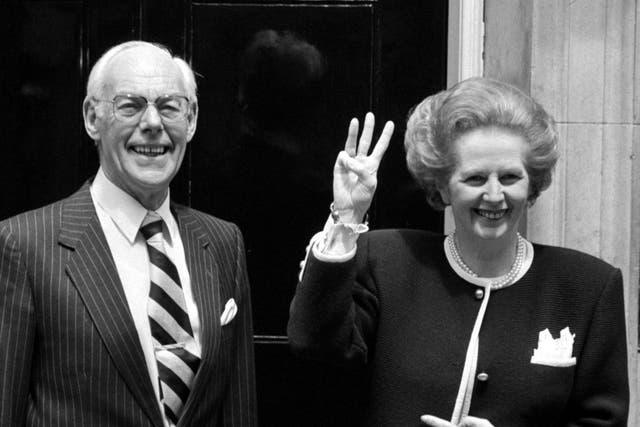 Margaret Thatcher and husband Denis pose outside Number 10 after their election victory in June 1987.