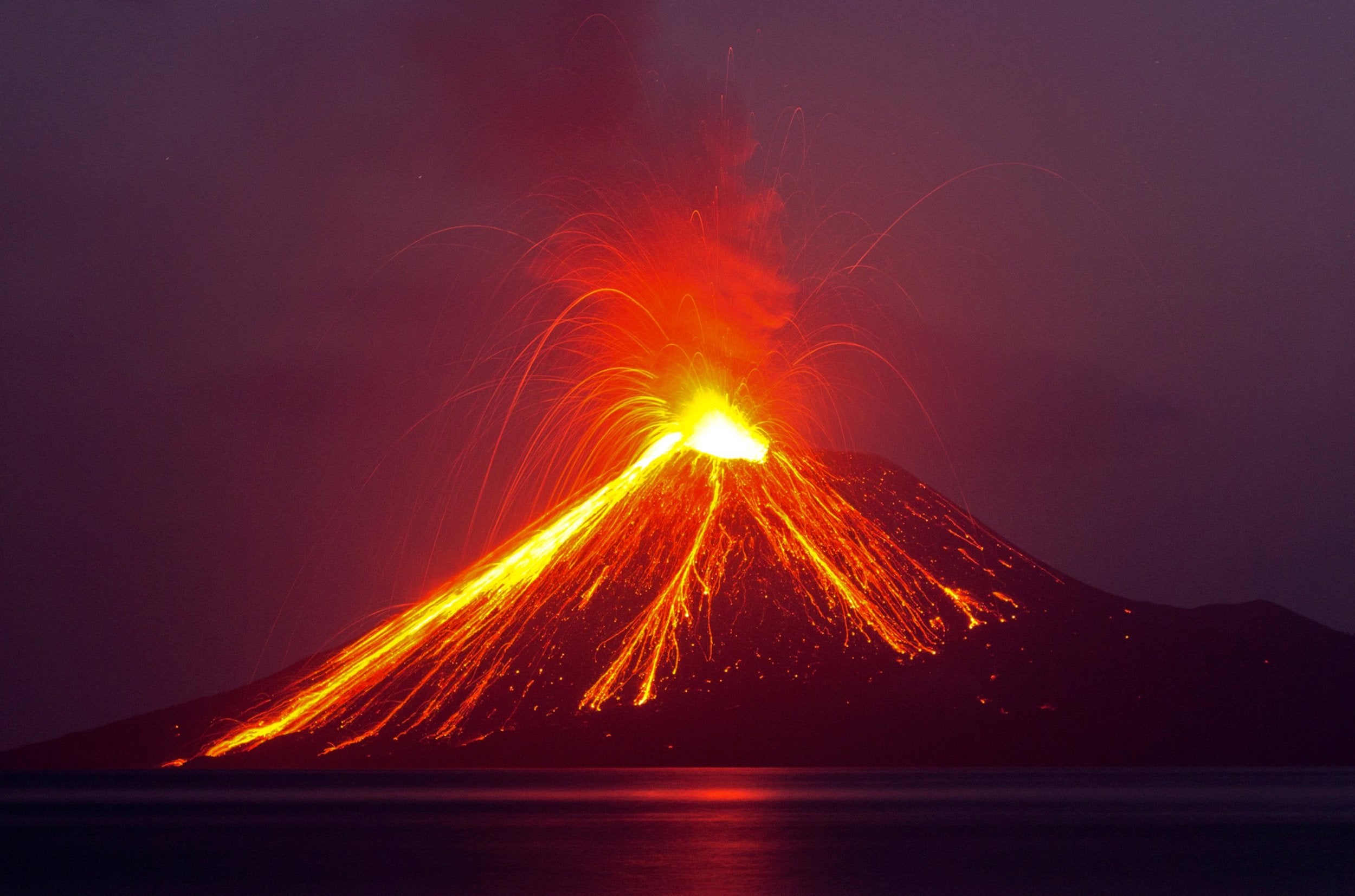 Lava streams down from the Anak Krakatau volcano