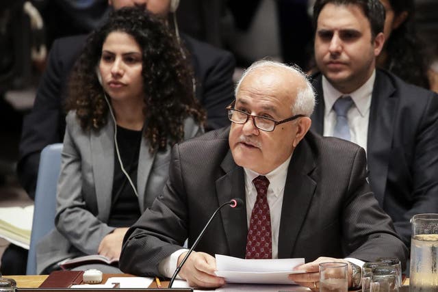 Permanent Observer of Palestine to the United Nations Riyad Mansour speaks during a United Nations Security Council meeting