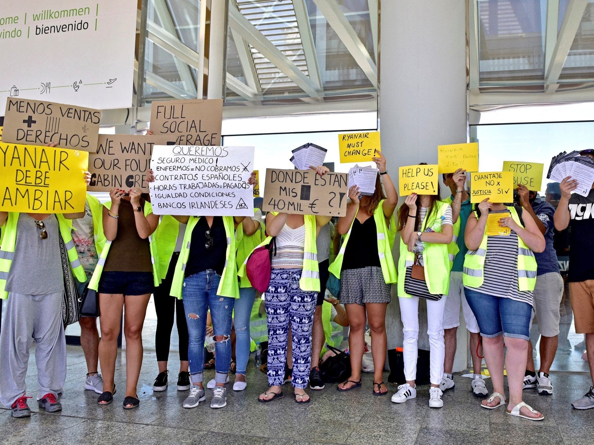Ryanair staff demonstrate during the first day of a strike by the company's cabin crew at Palma airport in Mallorca