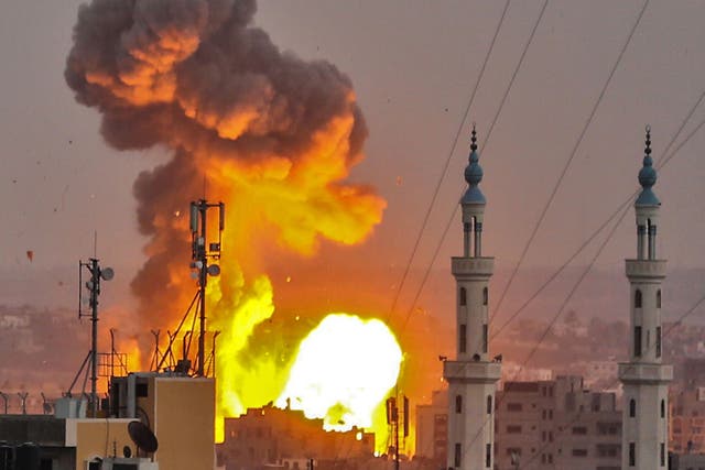 A fireball exploding in Gaza City during Israeli bombardment on July 20