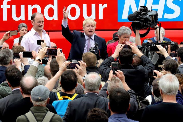 Boris Johnson, Gisela Stuart and Douglas Carswell address the people of Stafford during the Vote Leave Brexit Battle Bus tour