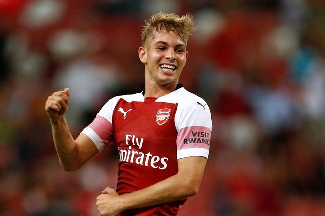 Emile Rowe Smith celebrates after scoring his first goal for Arsenal