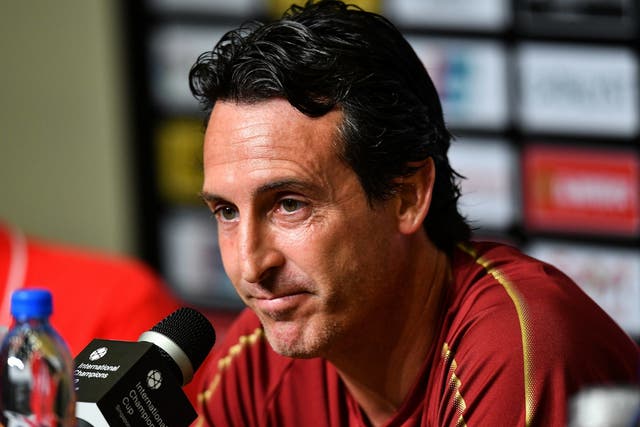 Unai Emery manager of Arsenal looks on pre match press conference