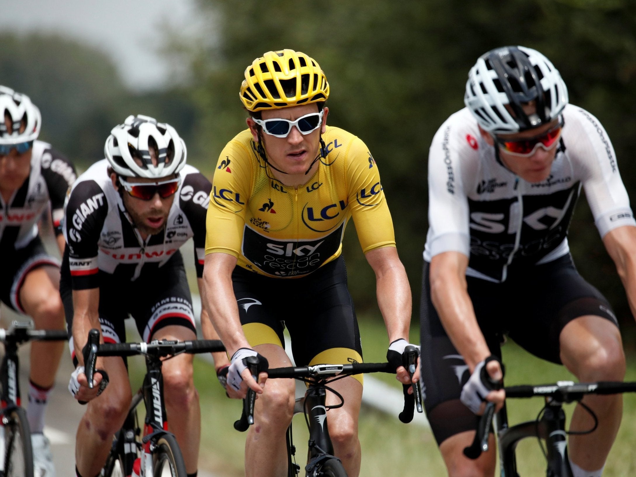 Team Sky rider Geraint Thomas of Britain in the peloton
