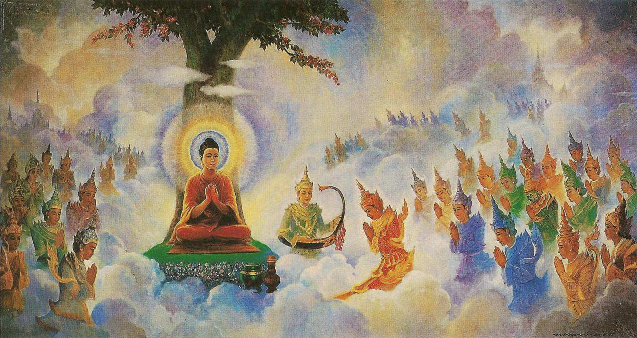 The Buddha preaching the Abhidharma in Trāyastriṃśa heaven