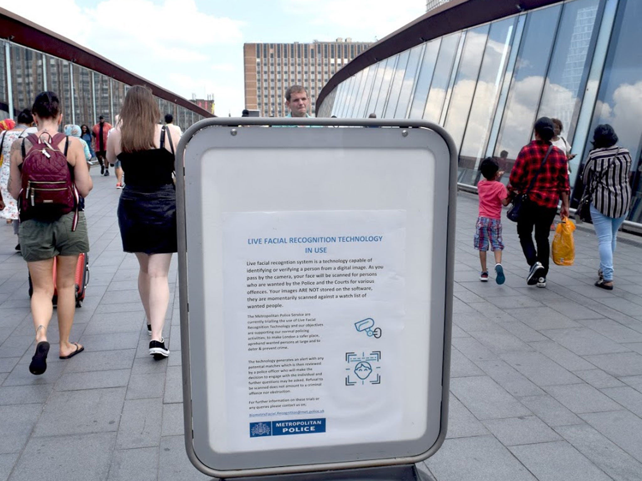 A public information poster displayed during a Metropolitan Police trial of automatic facial recognition in Stratford, east London, on 26 July