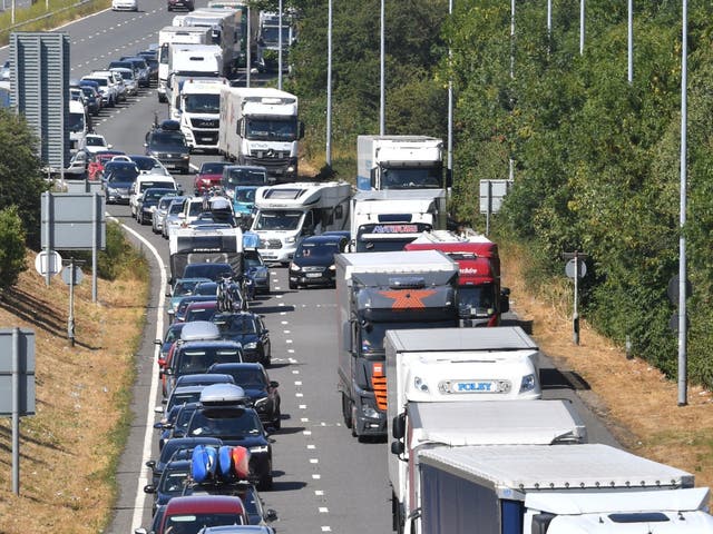 Traffic queueing on the M20 approaching the Eurotunnel terminal in Folkestone, Kent