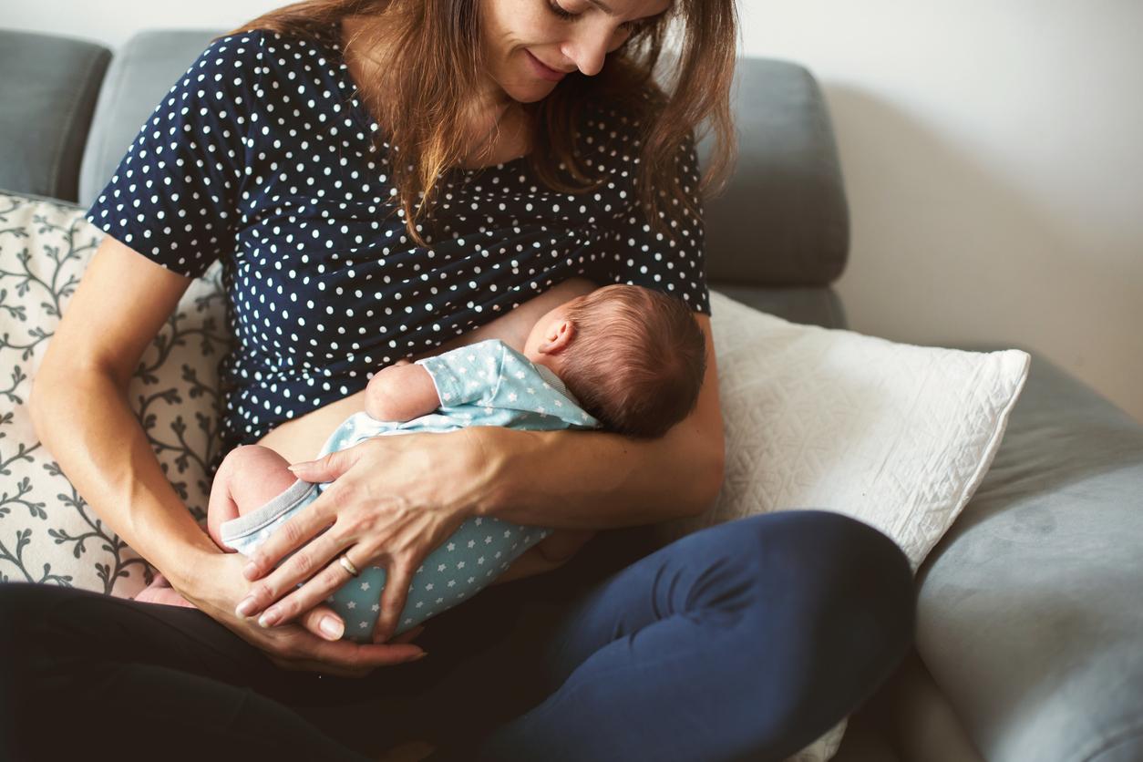 Breastfeeding illustration, mother feeding a baby with breast with