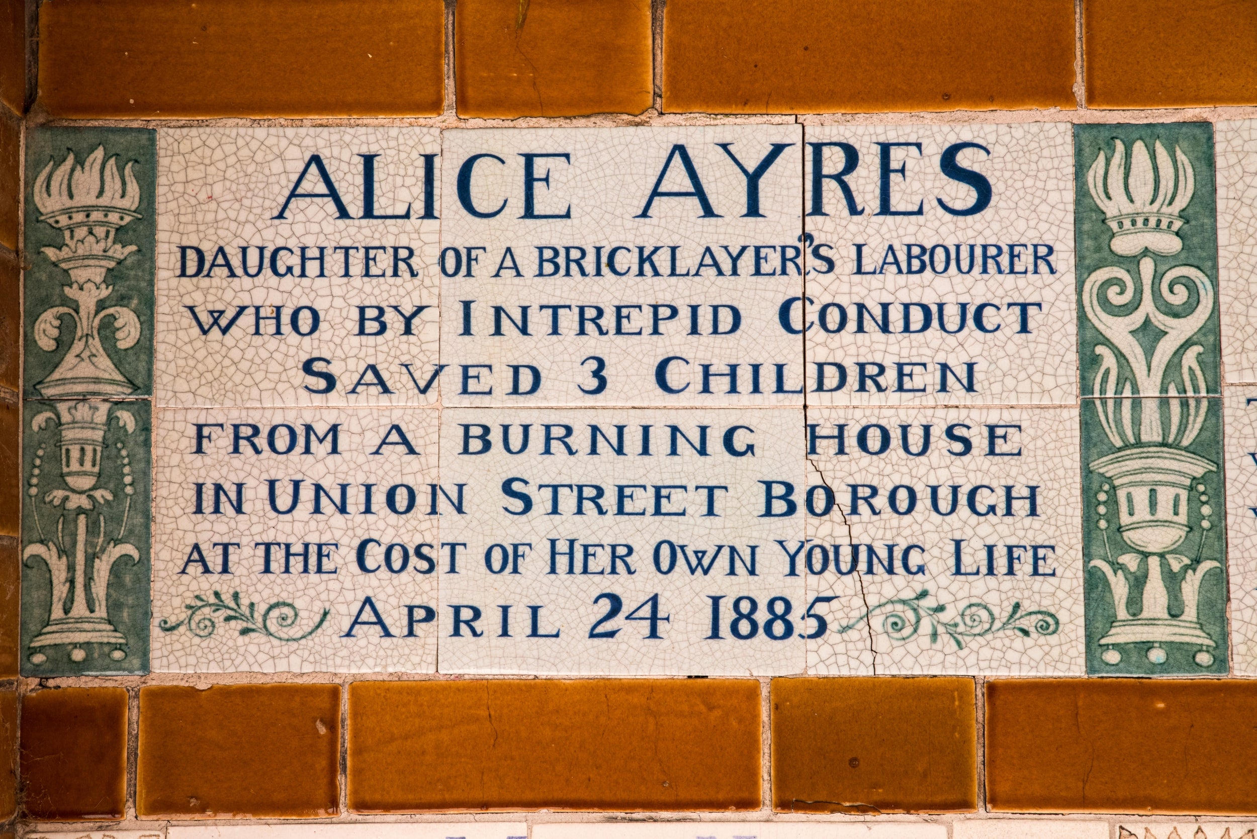 A glazed Doulton tablet in London commemorates the heroism of Alice Ayres (Alamy)