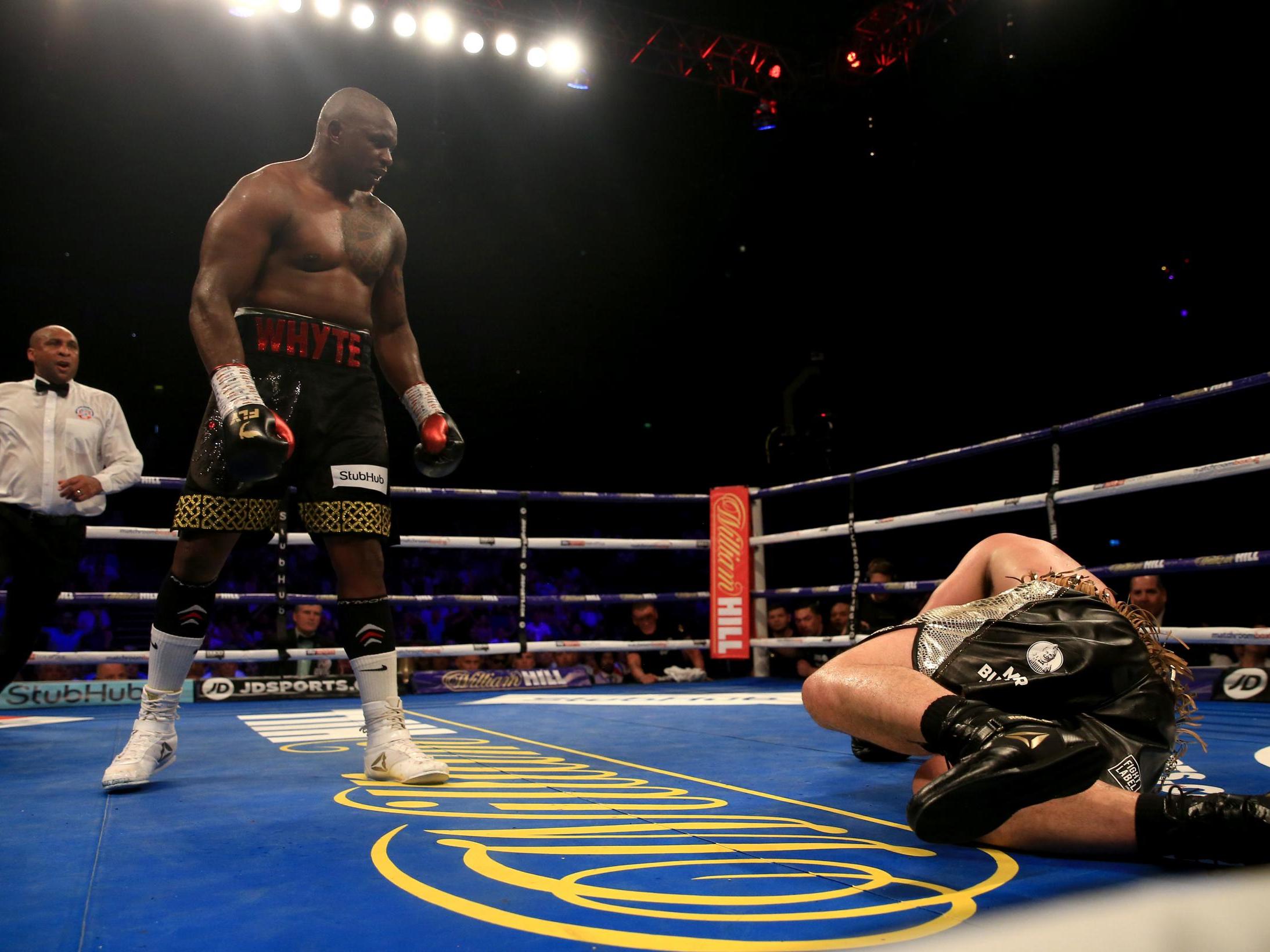 Dillian Whyte looks on after flooring Joseph Parker on Saturday night