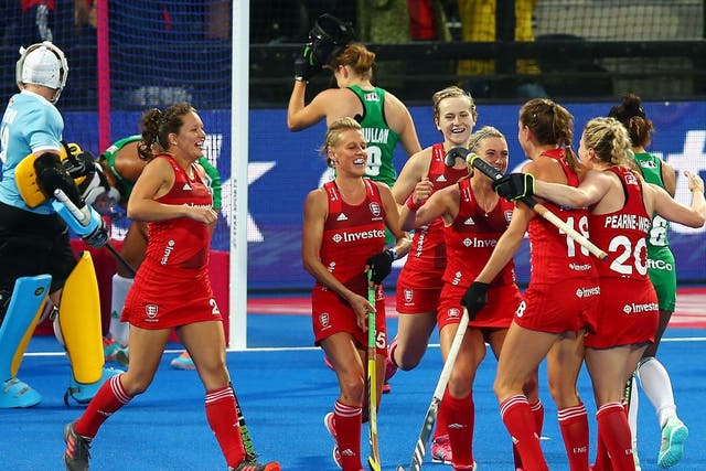 England celebrate their winning goal during the 1-0 victory over Ireland at the Women's Hockey World Cup