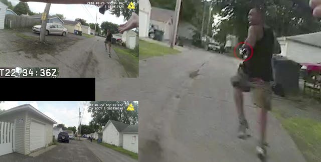 An image from multiple police cam videos provided by the Minneapolis Police Department shows a chase between Officers Justin Schmidt and Ryan Kelly and suspect Thurman Blevins