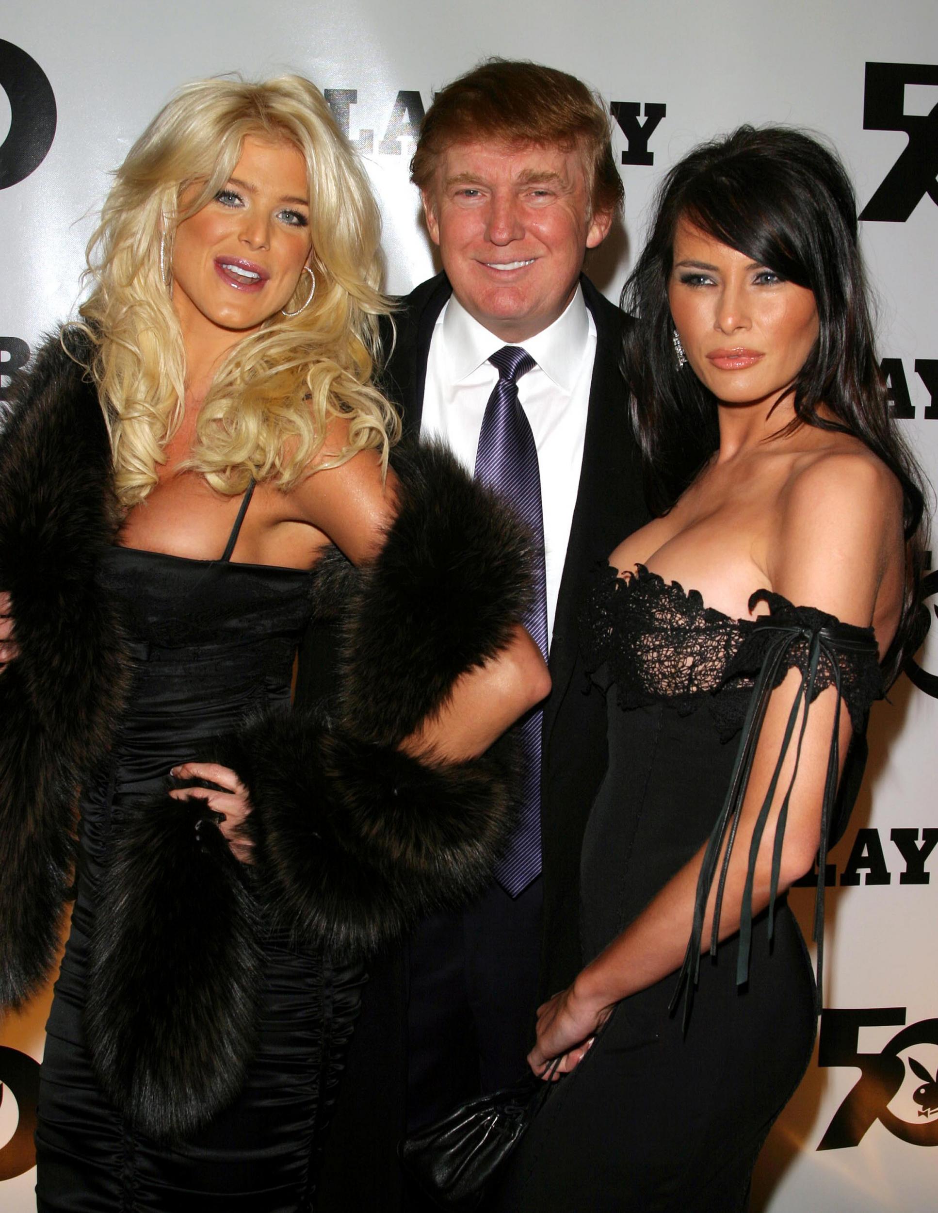 Playmate Victoria Silvstedt, Donald Trump and Melania Knauss at the Playboy 50th Anniversary celebration December 4, 2003