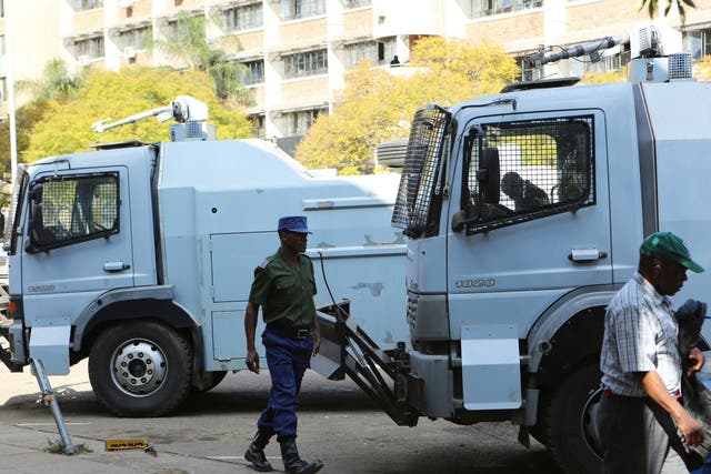 Police water cannons are seen in the capital, Harare, Zimbabwe where tensions are high following the general election.