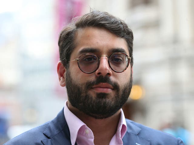 Raheem Kassam, former chief adviser to Nigel Farage and former Breitbart London editor, at Free Tommy Robinson and pro-Trump joint rally in London on 14 July