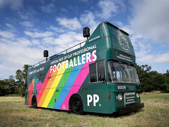 The bus highlights the 'statistical anomaly' that none of the 500 top level footballers registered to play are openly gay