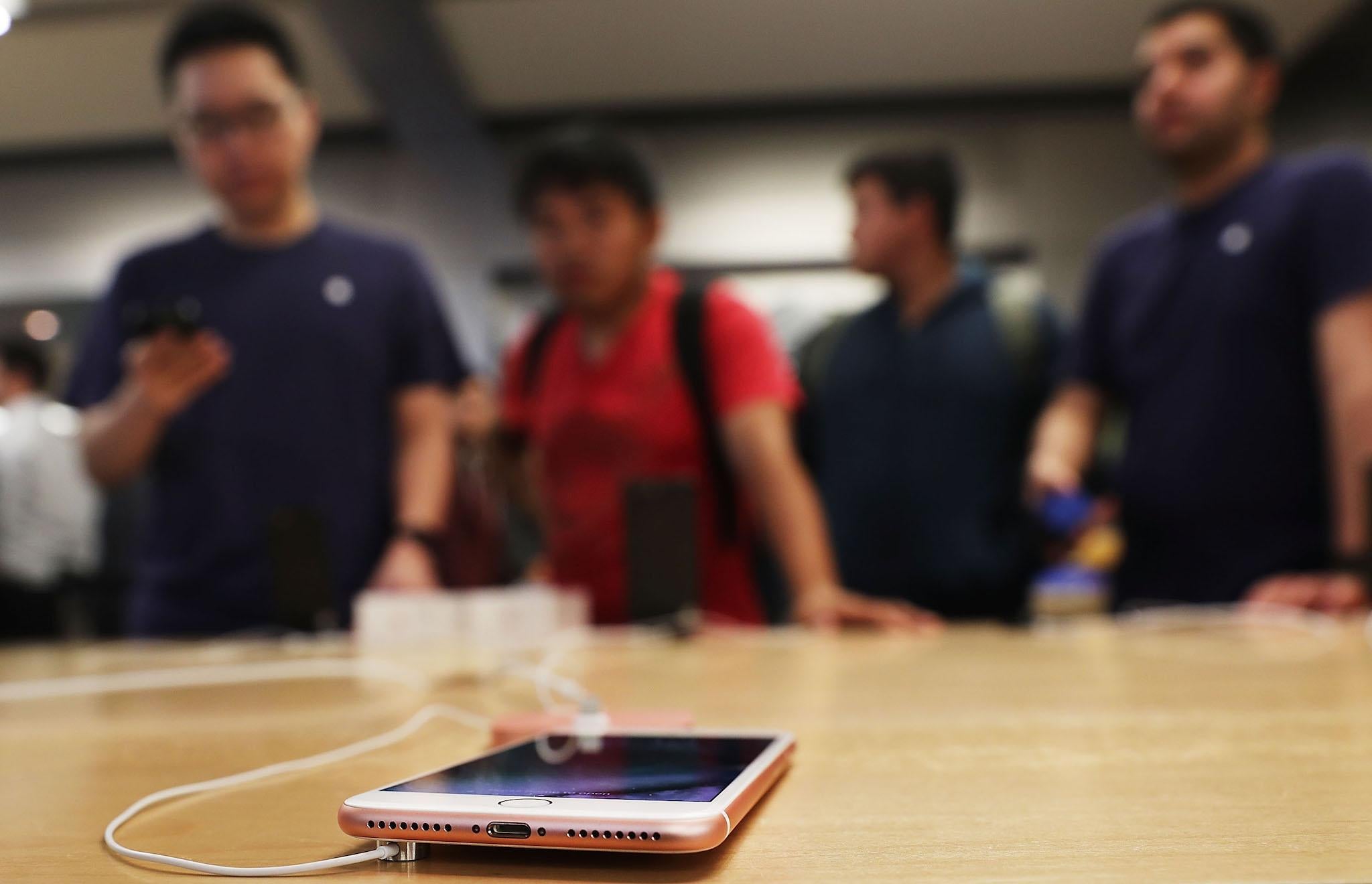 The new iPhone 7 is displayed on a table at an Apple store in Manhattan on September 16, 2016 in New York City