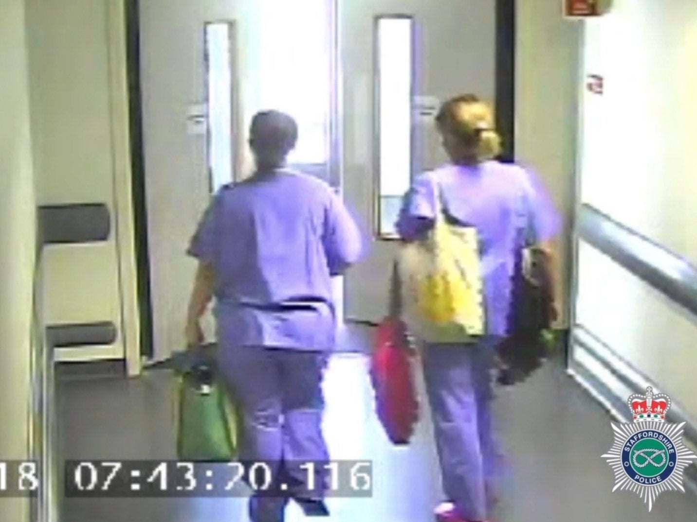 CCTV footage of Samantha Eastwood (left) leaving the Royal Stoke University Hospital at 7.43am on 27 July